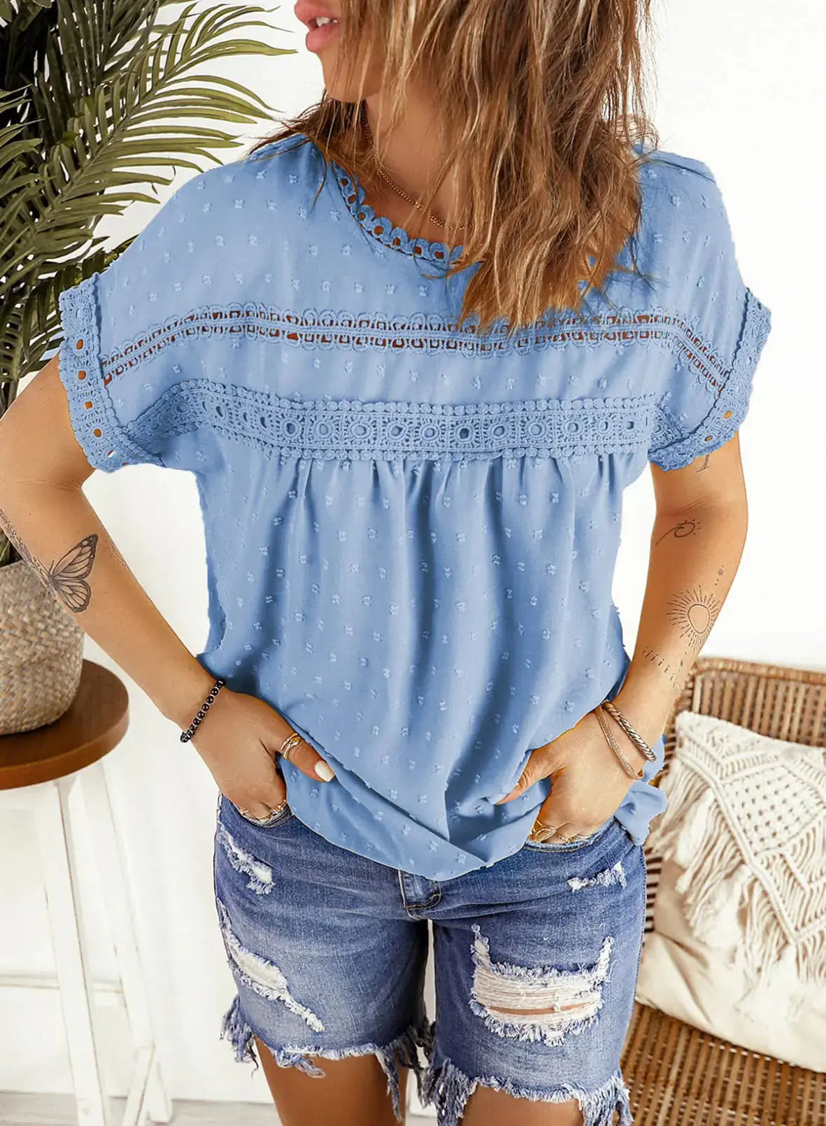 Dokotoo Womens Summer Tops Crewneck Lace Crochet Short Sleeve Shirt