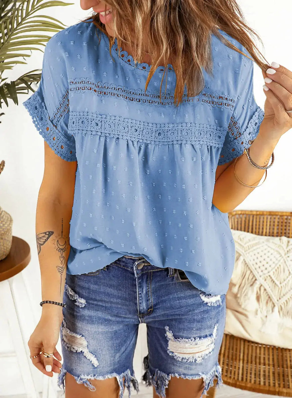 Dokotoo Womens Summer Tops Crewneck Lace Crochet Short Sleeve Shirt