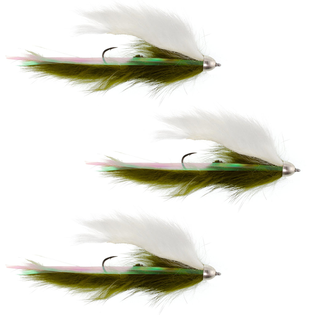 Dolly Llama Stinger Streamer Flies - 3 Olive and White Steelhead Trout Alaska Fly Fishing Flies - Hook Size 4
