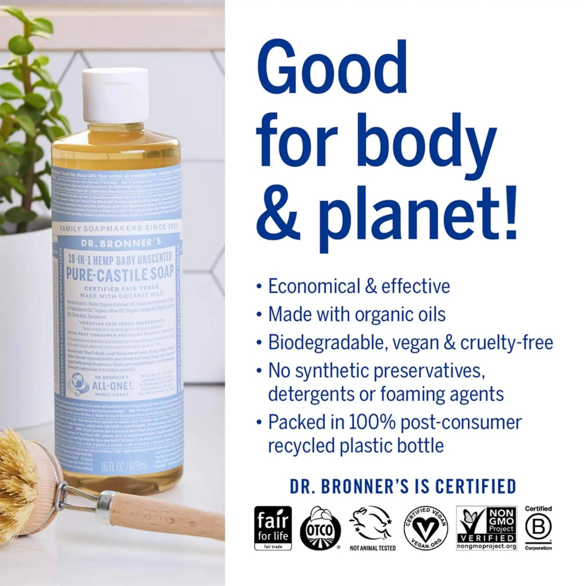 Dr. Bronner’s Pure-Castile Liquid Soap - Baby Unscented (16 oz) | Organic, Multi-Purpose, Gentle for Sensitive Skin