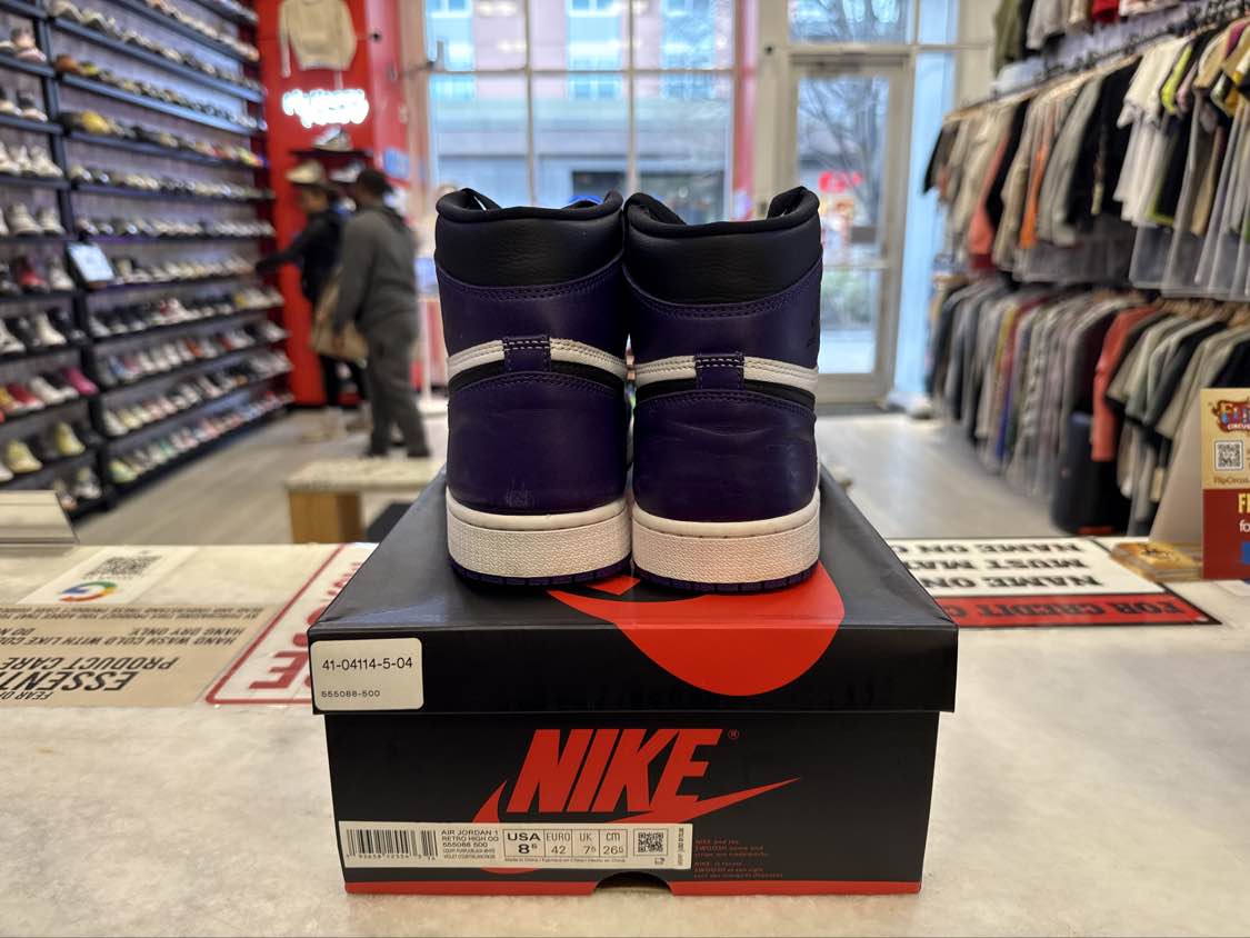 PRE OWNED Jordan 1 Retro High Court Purple White "8.5 M"