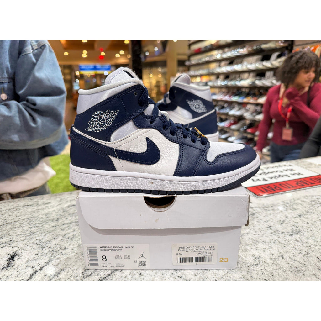 PRE OWNED Jordan 1 Mid Football Grey White Midnight Navy (Women's)