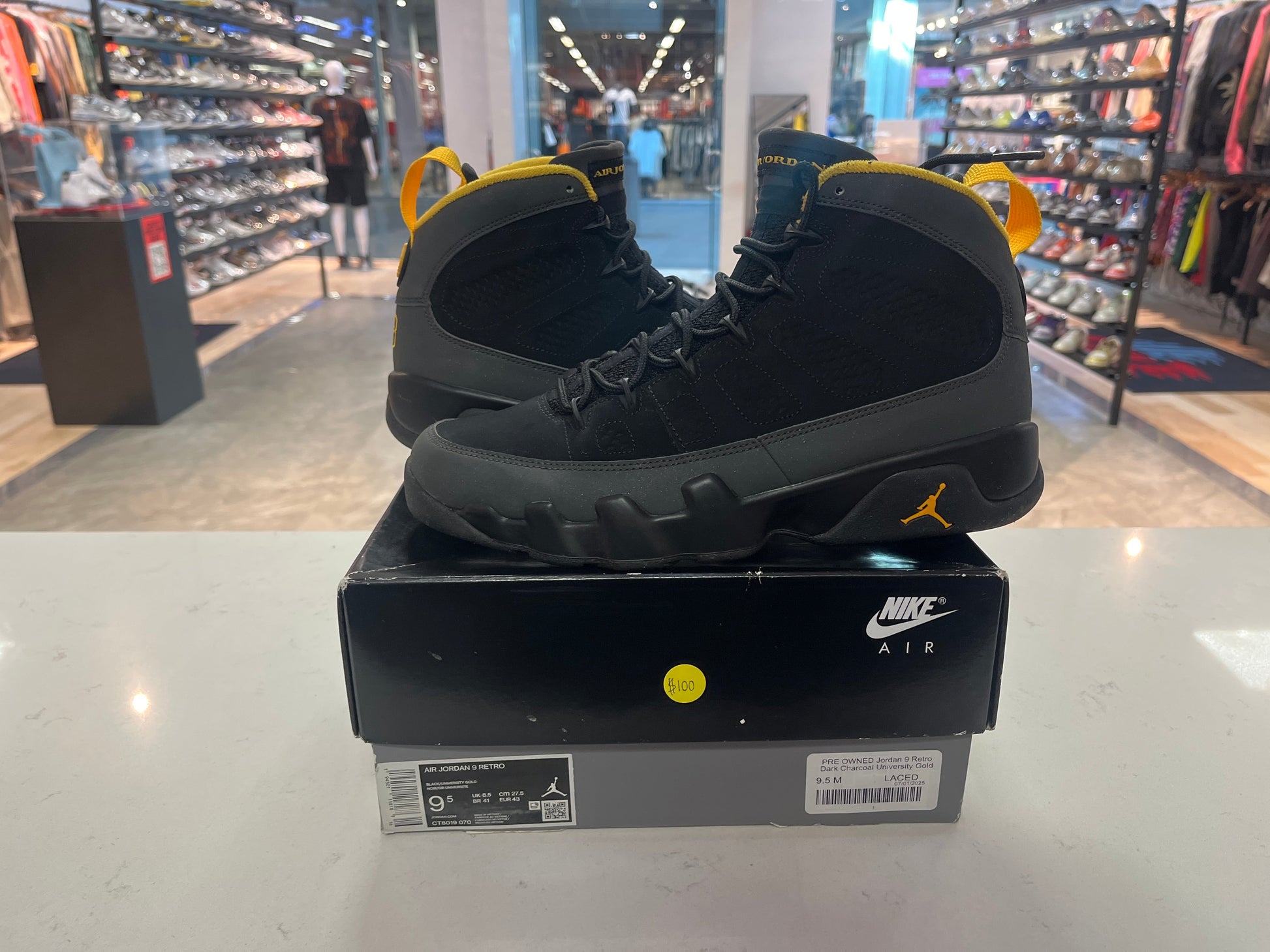 PRE OWNED Jordan 9 Retro Dark Charcoal University Gold