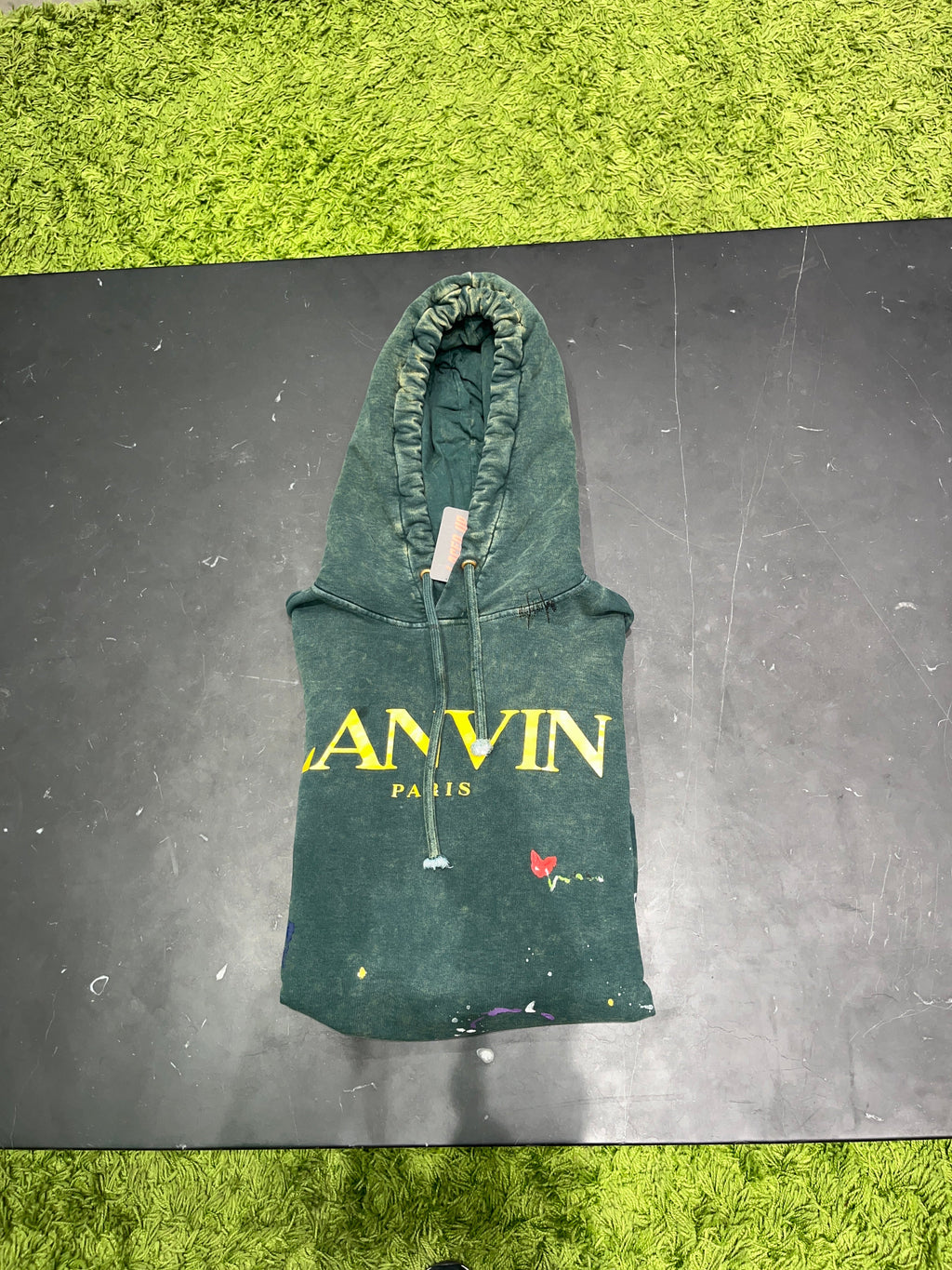 PRE OWNED Lanvin x Gallery Dept. Logo Hoodie With A Worn Effect And Paint Marks Green