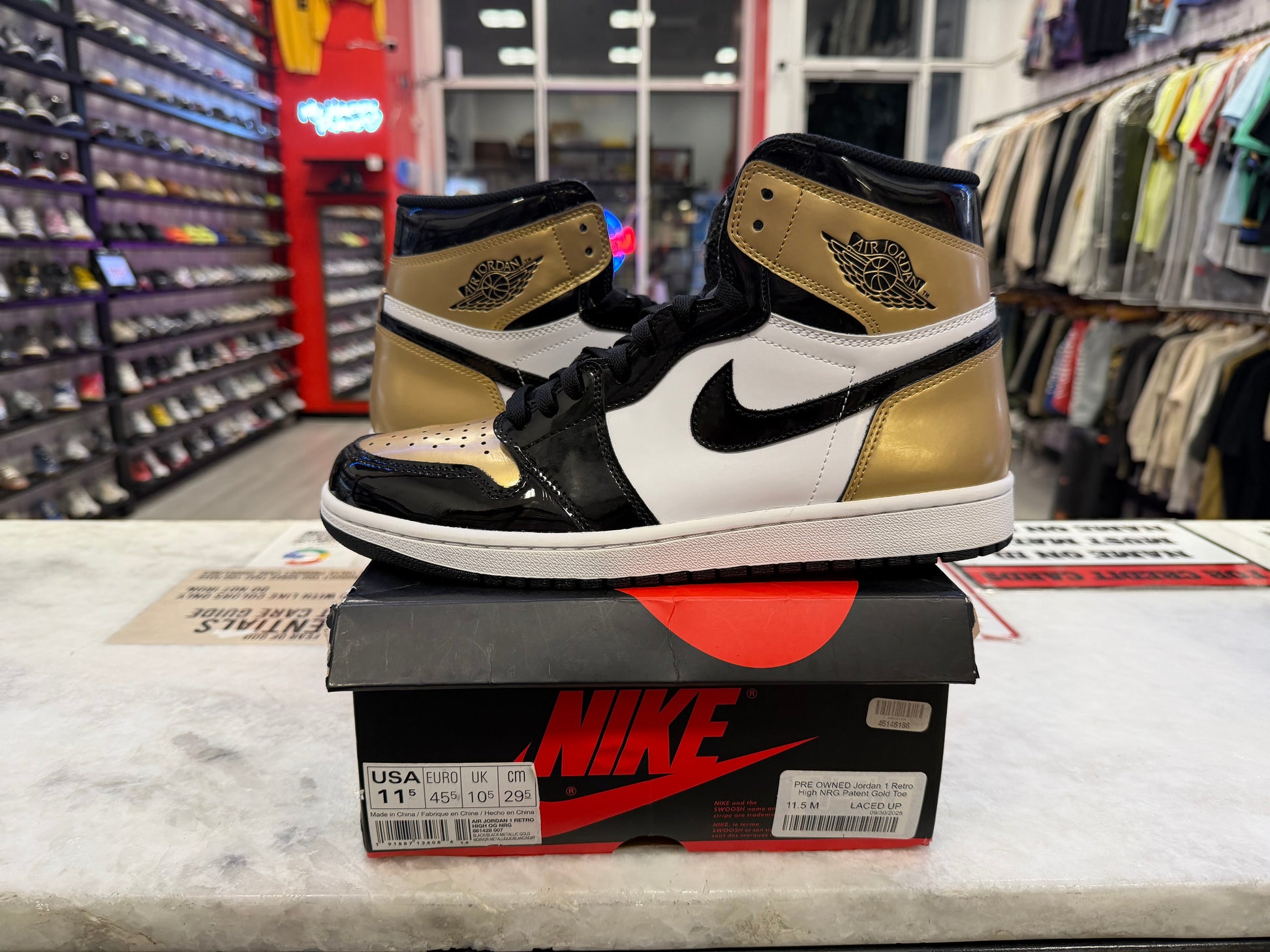 PRE OWNED Jordan 1 Retro High NRG Patent Gold Toe