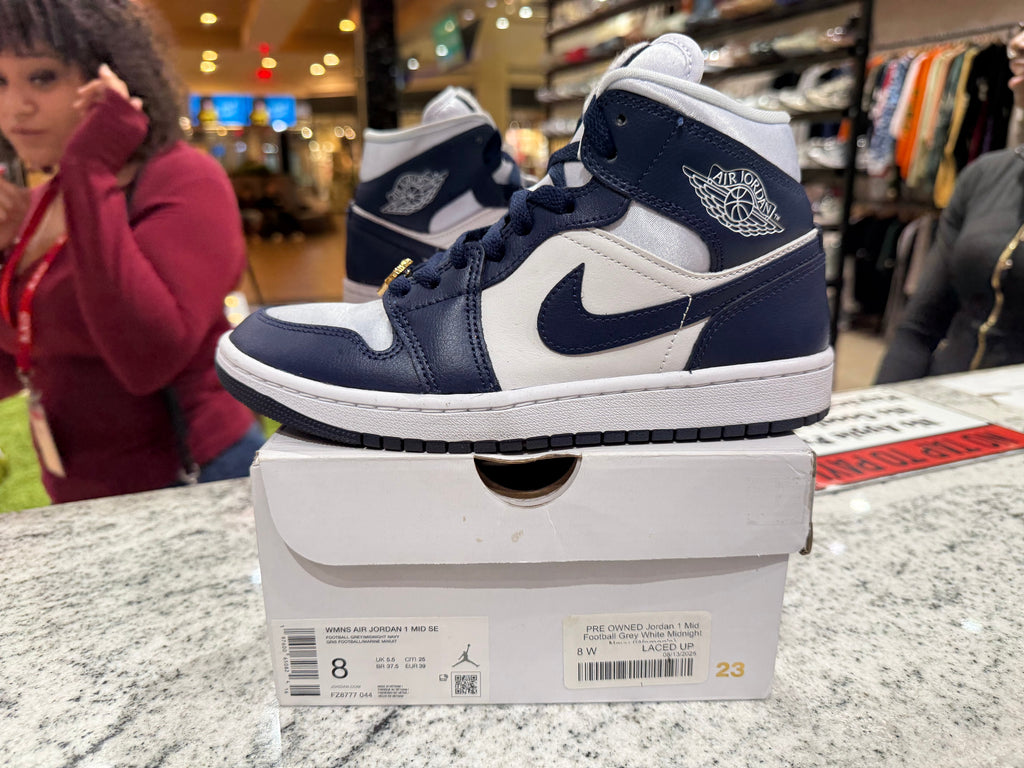 PRE OWNED Jordan 1 Mid Football Grey White Midnight Navy (Women's)