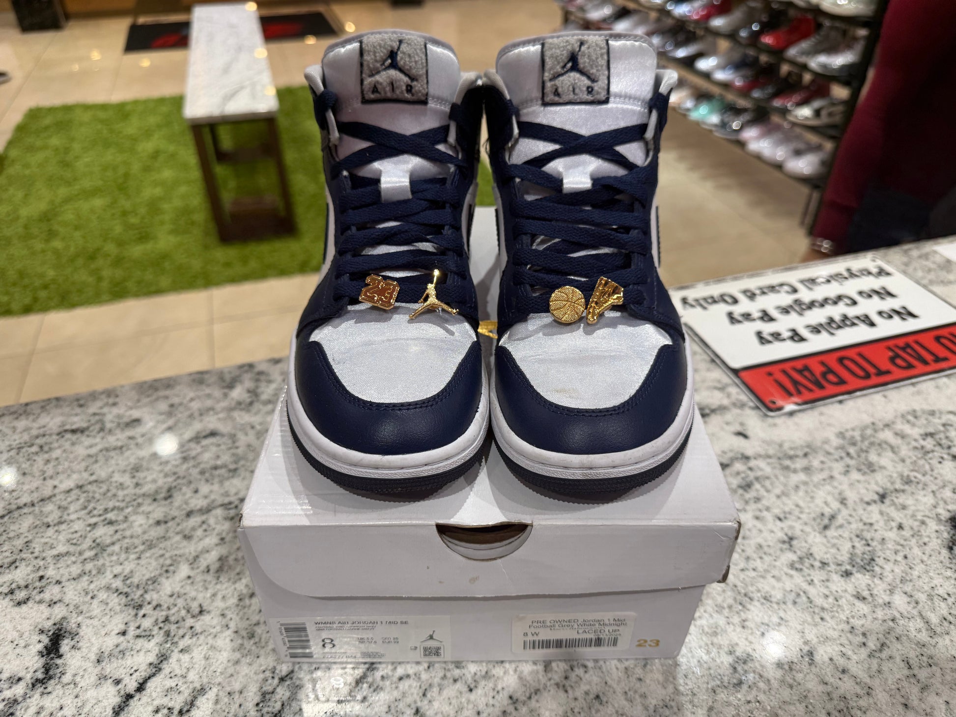 PRE OWNED Jordan 1 Mid Football Grey White Midnight Navy (Women's)