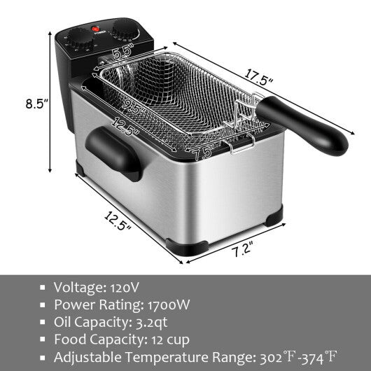 3.2 Quart Electric Stainless Steel Deep Fryer with Timer-Black