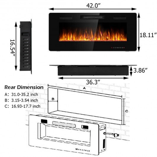 42 Inch Recessed Ultra Thin Electric Fireplace with Timer