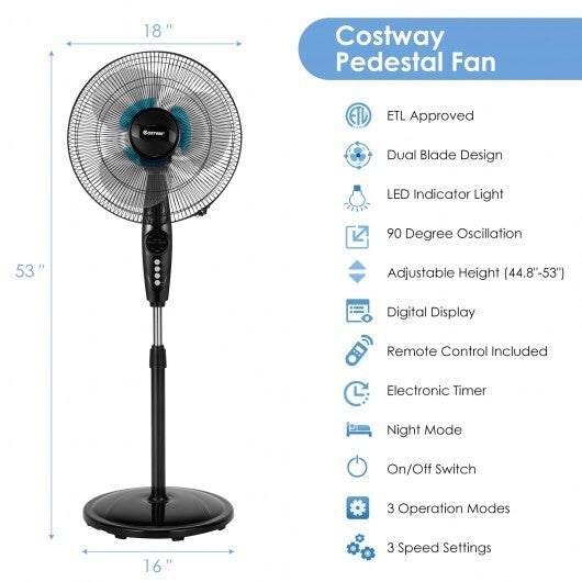 16 Inches Adjustable Height Fan with Quiet Oscillating Stand for Home and Office