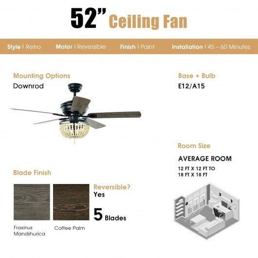 52 Inch Retro Ceiling Fan Light with Reversible Blades Remote Control-Golden