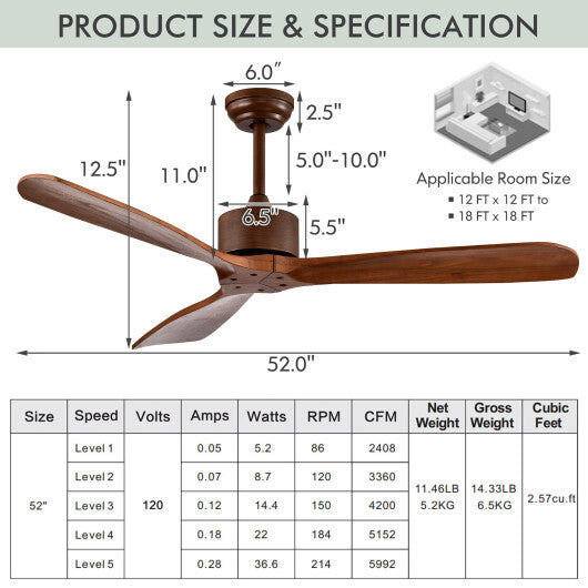 52 Inch Modern Brushed Nickel Finish Ceiling Fan with Remote Control