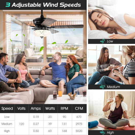 52 Inch Ceiling Fan with 3 Wind Speeds and 5 Reversible Blades-Black
