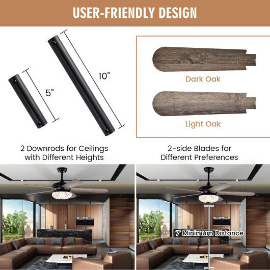 52 Inches Ceiling Fan with Remote Control-Walnut
