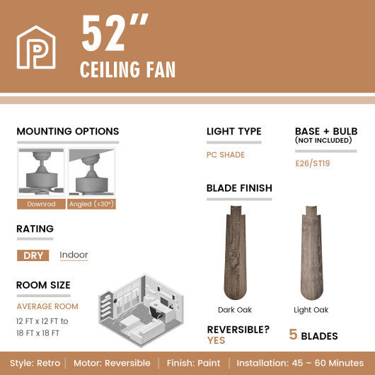 52 Inches Ceiling Fan with Remote Control-Walnut