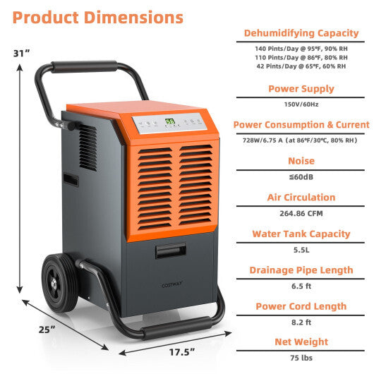 163 Pints Commercial Dehumidifier with Drain Hose and 24H Timer-Gray