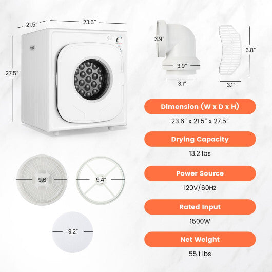 1500W Compact Laundry Dryer with Touch Panel-White