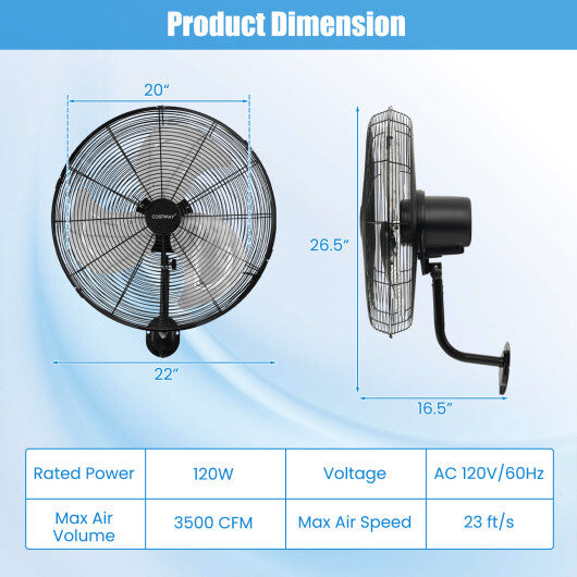 20 Inch Wall Mount Fan with 3 Fan Speeds and Adjustable Tilt Head-Black