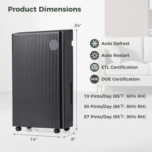 4500 Sq. Ft 57 Pint Quiet Dehumidifier for Basement with 4 Modes-Black