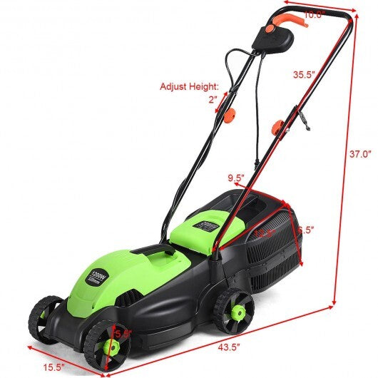 13 Inch Electric Push Lawn Corded Mower with Grass Bag-Green