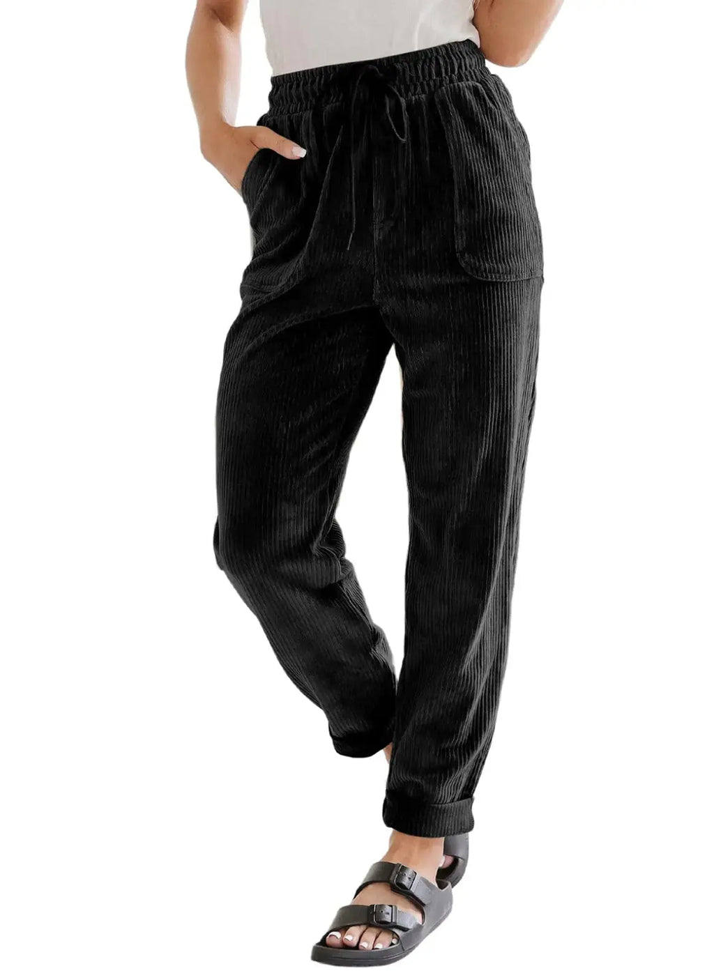 EVALESS Corduroy Pants for Women - Casual Drawstring Elastic High Waist Straight Leg Pants