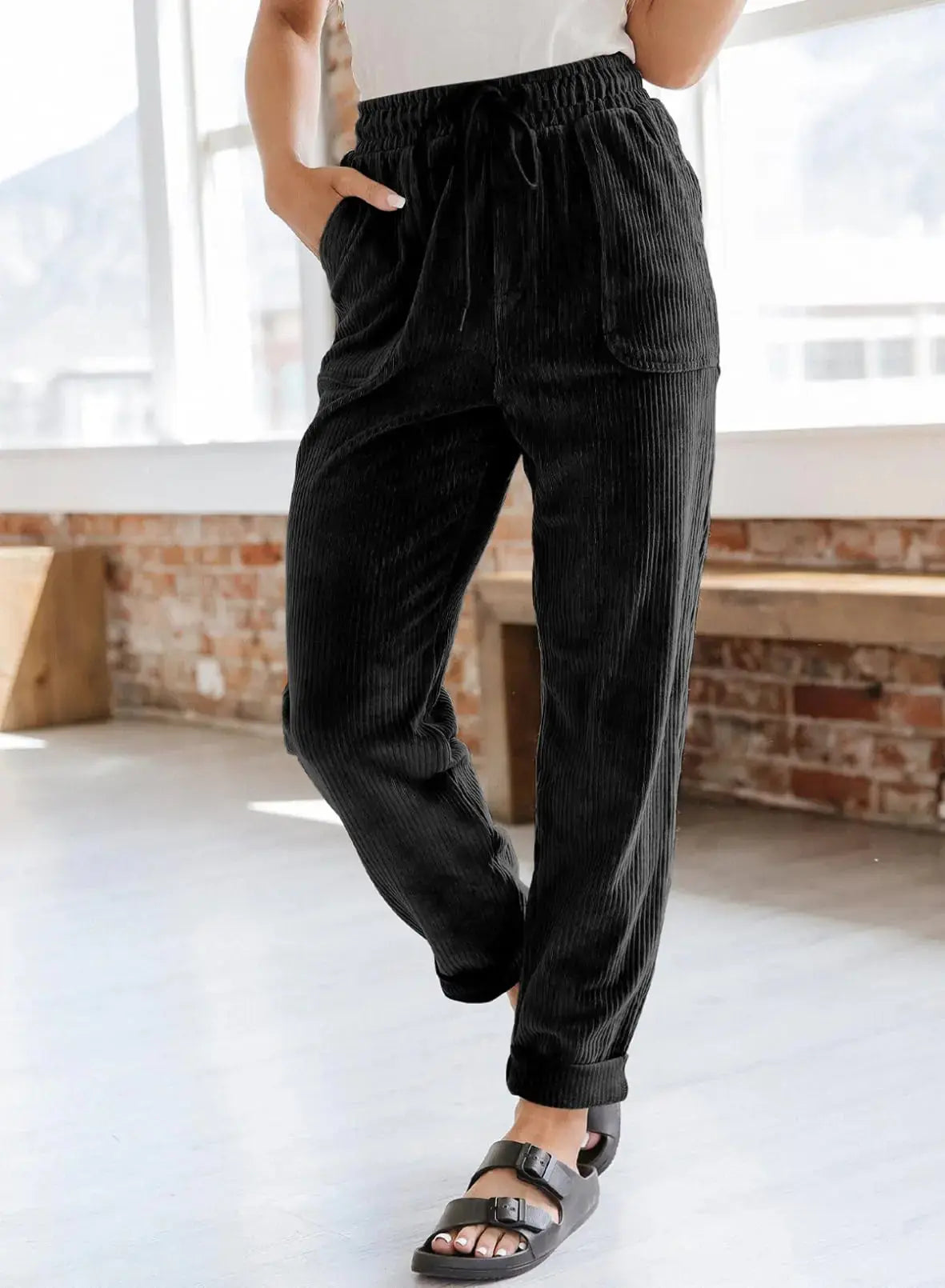 EVALESS Corduroy Pants for Women - Casual Drawstring Elastic High Waist Straight Leg Pants
