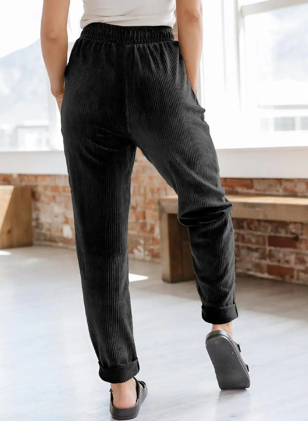 EVALESS Corduroy Pants for Women - Casual Drawstring Elastic High Waist Straight Leg Pants
