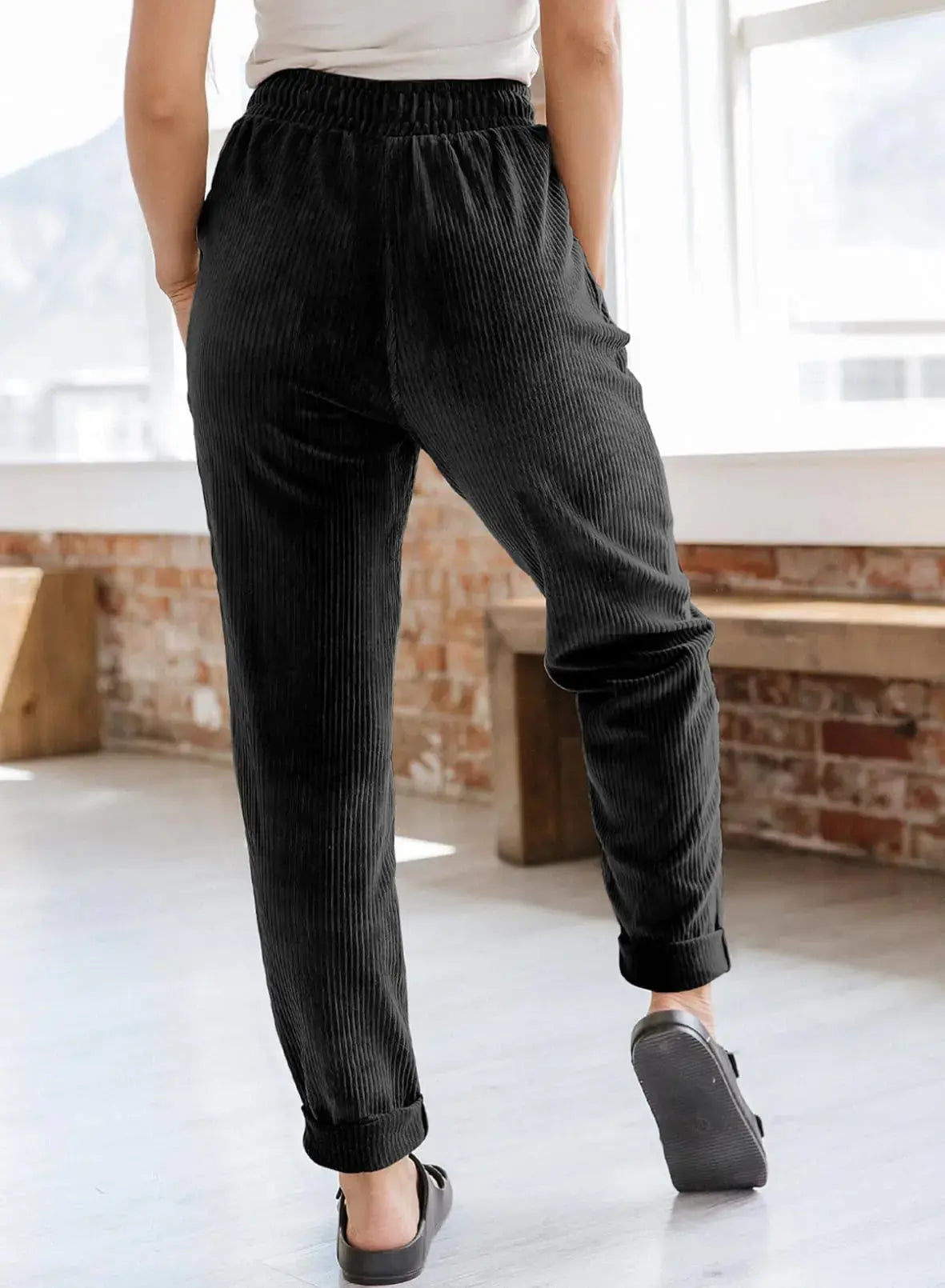 EVALESS Corduroy Pants for Women - Casual Drawstring Elastic High Waist Straight Leg Pants