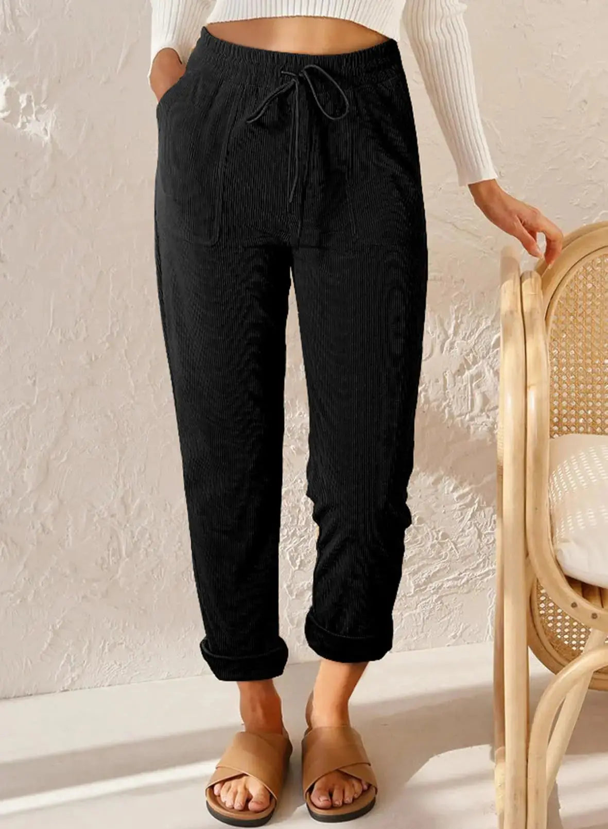 EVALESS Corduroy Pants for Women - Casual Drawstring Elastic High Waist Straight Leg Pants