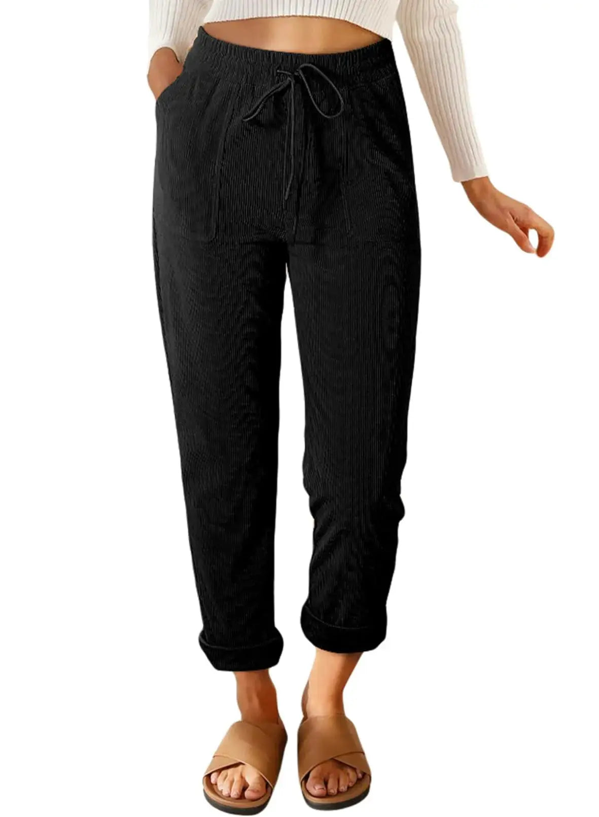 EVALESS Corduroy Pants for Women - Casual Drawstring Elastic High Waist Straight Leg Pants