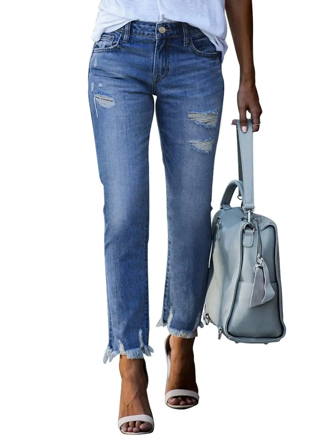 EVALESS Womens Jeans Mid Waisted Stretch Ripped Distressed Tummy Control Straight Ankle Jean for Women