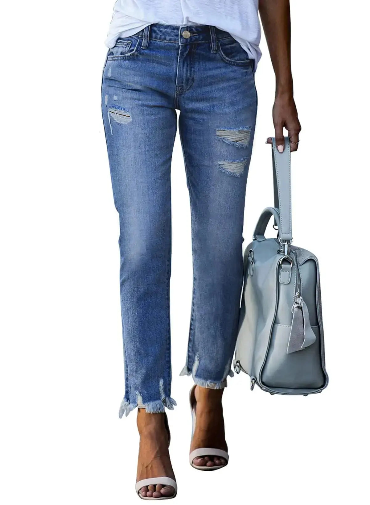 EVALESS Womens Jeans Mid Waisted Stretch Ripped Distressed Tummy Control Straight Ankle Jean for Women