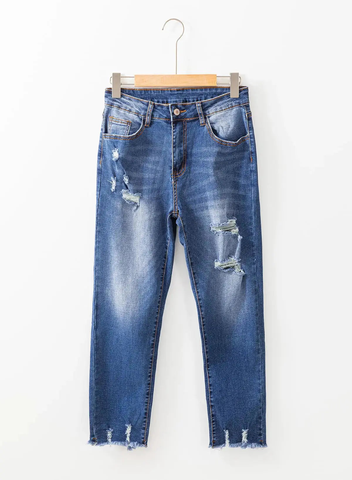EVALESS Womens Jeans Mid Waisted Stretch Ripped Distressed Tummy Control Straight Ankle Jean for Women