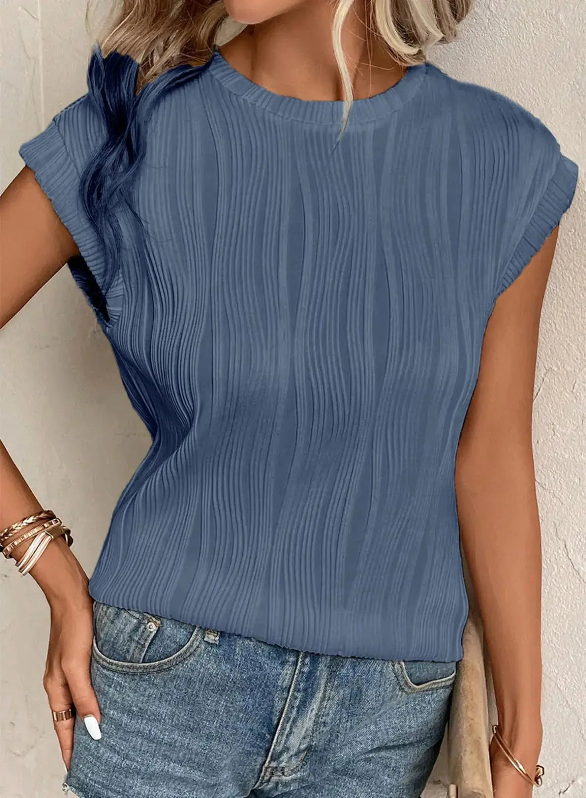 EVALESS Womens Short Sleeve Textured Tops | Crewneck Knit Solid Loose Casual Basic T Shirts