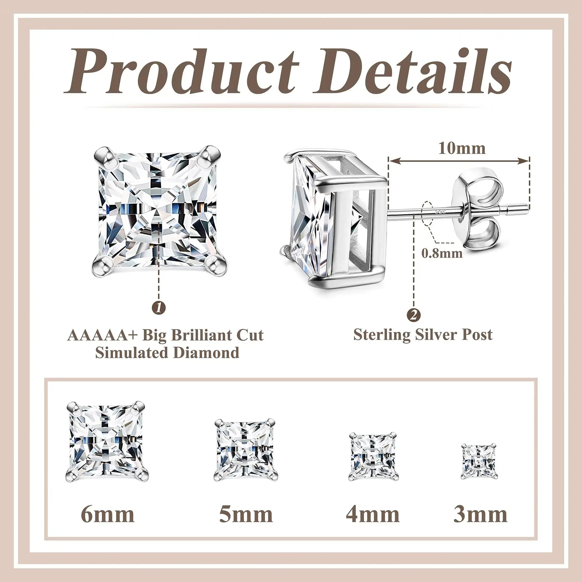 Elegant Cubic Zirconia Stud Earrings | 18K White Gold Plated | Hypoallergenic