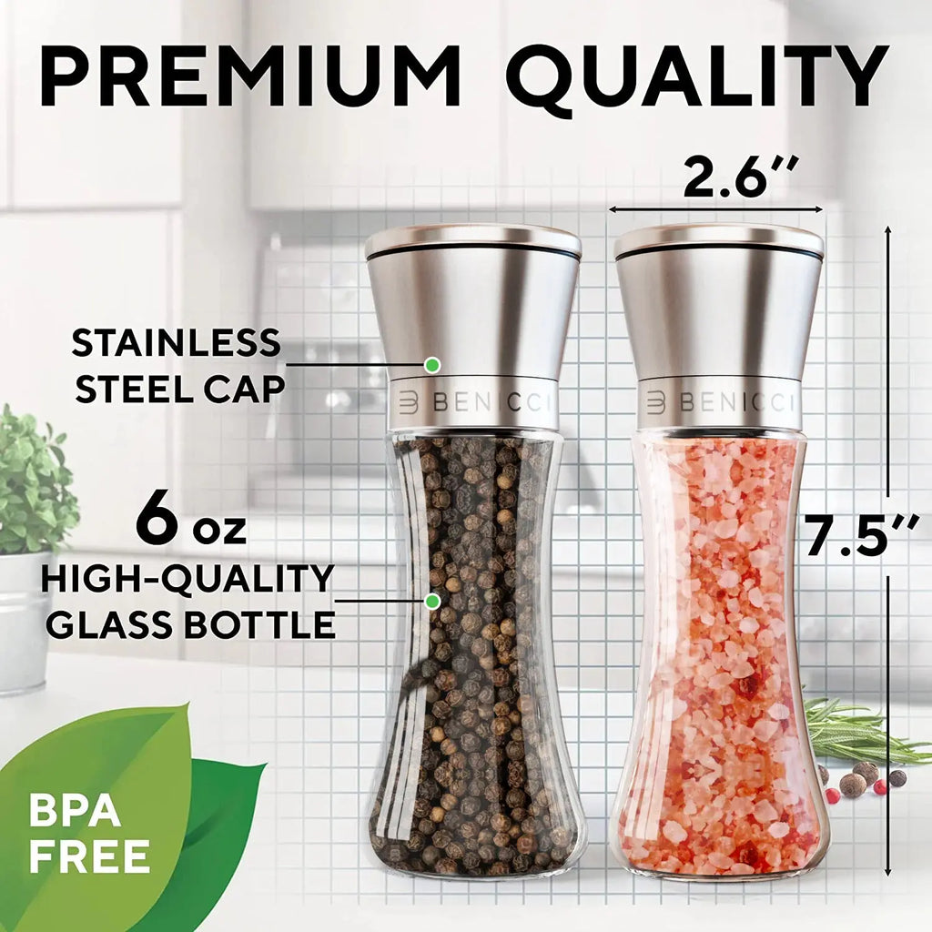 Elegant Stainless Steel Salt and Pepper Mill Set - with Adjustable Ceramic Grinders and Extras