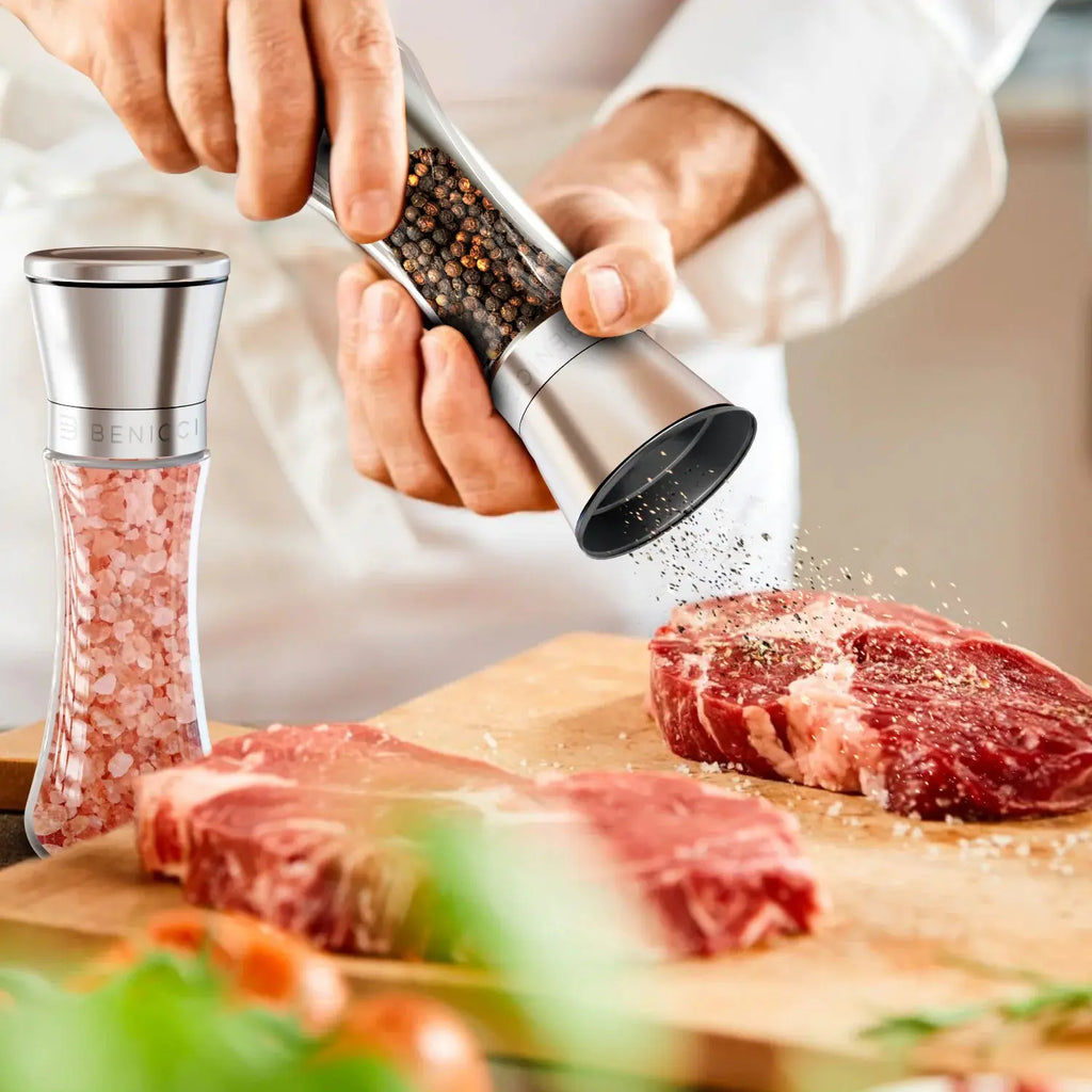 Elegant Stainless Steel Salt and Pepper Mill Set - with Adjustable Ceramic Grinders and Extras