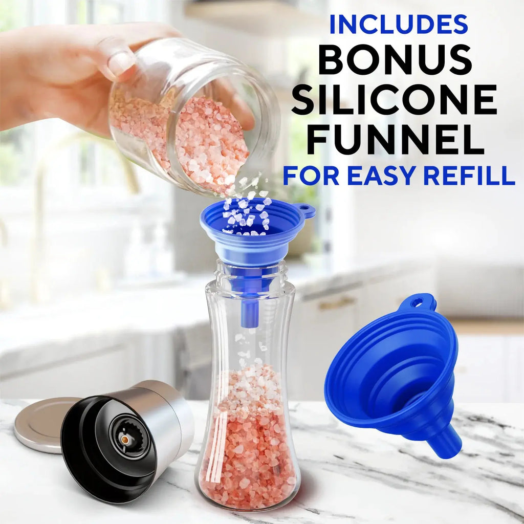 Elegant Stainless Steel Salt and Pepper Mill Set - with Adjustable Ceramic Grinders and Extras