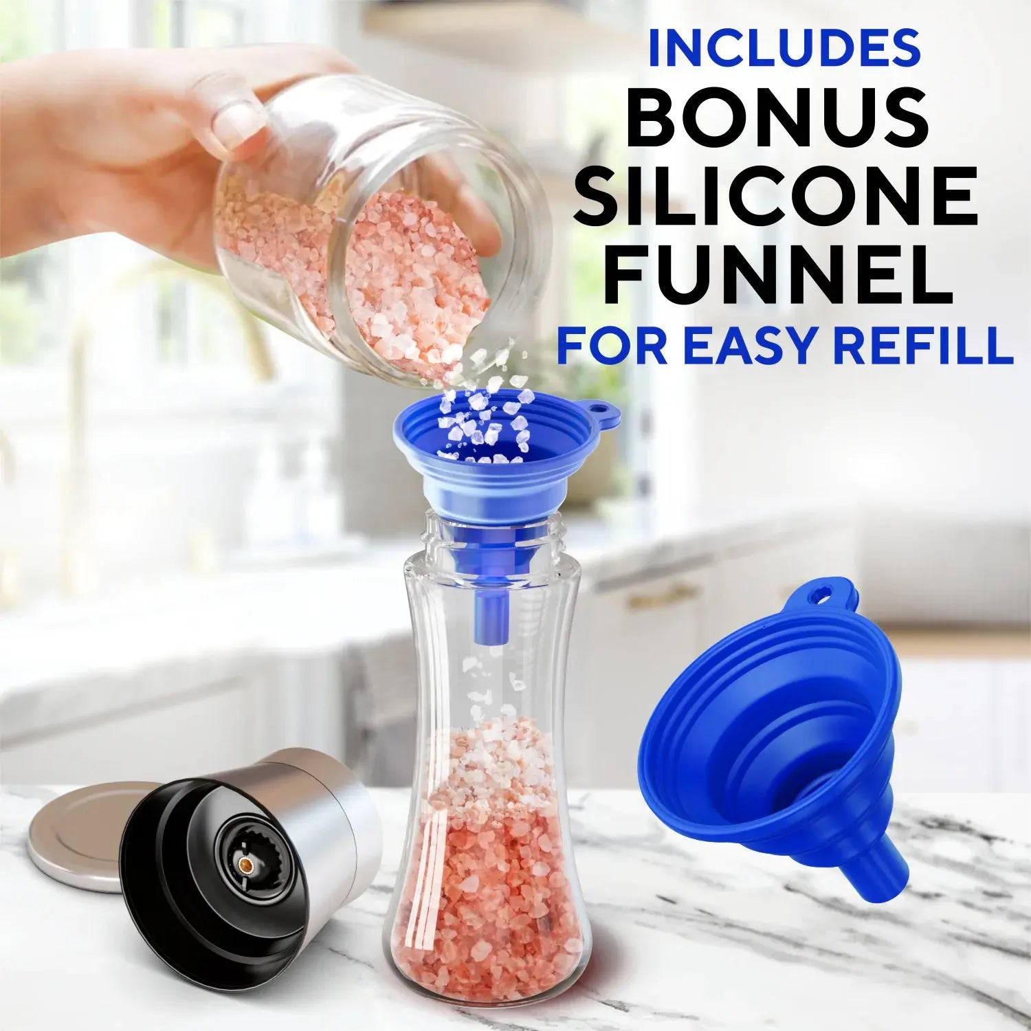 Elegant Stainless Steel Salt and Pepper Mill Set - with Adjustable Ceramic Grinders and Extras