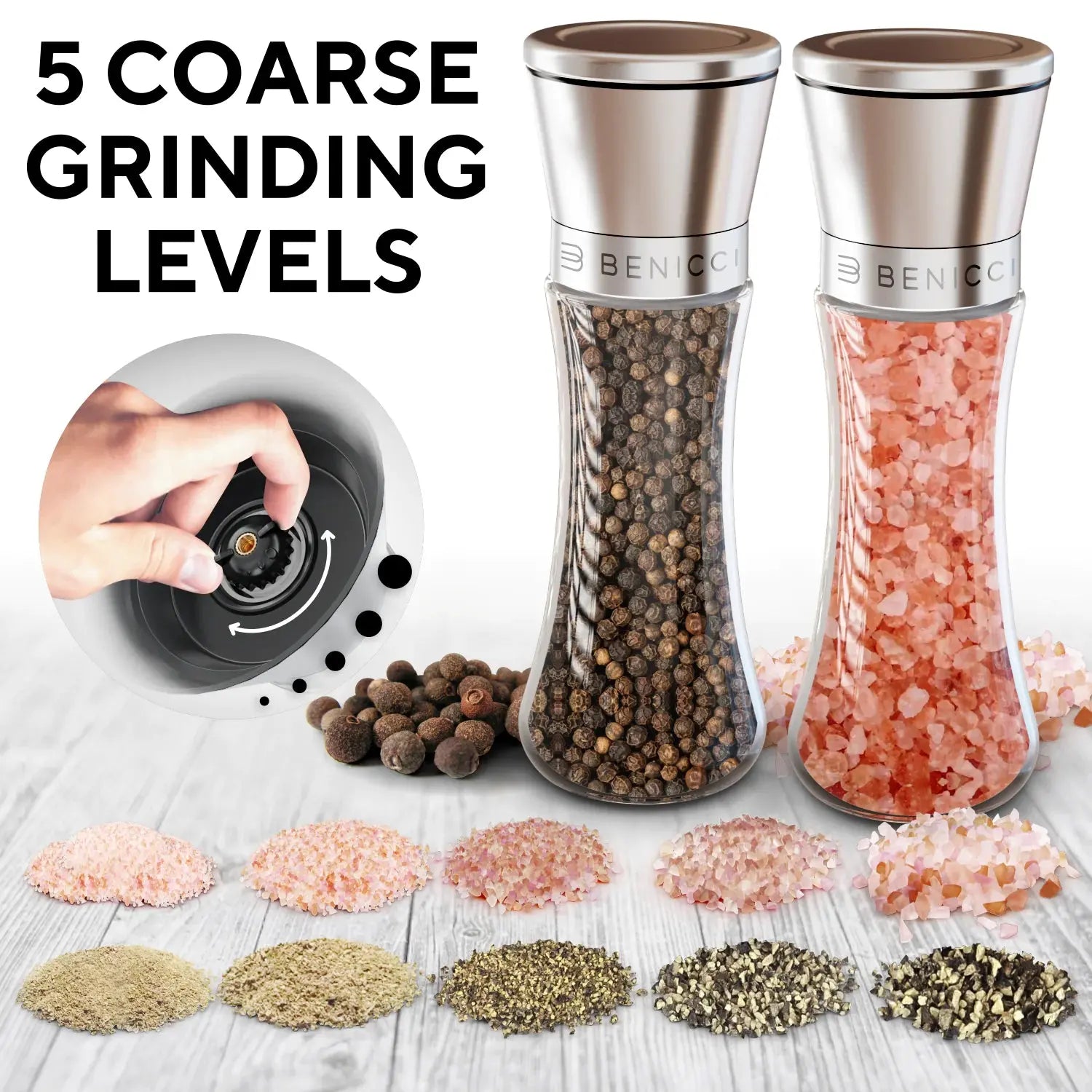 Elegant Stainless Steel Salt and Pepper Mill Set - with Adjustable Ceramic Grinders and Extras