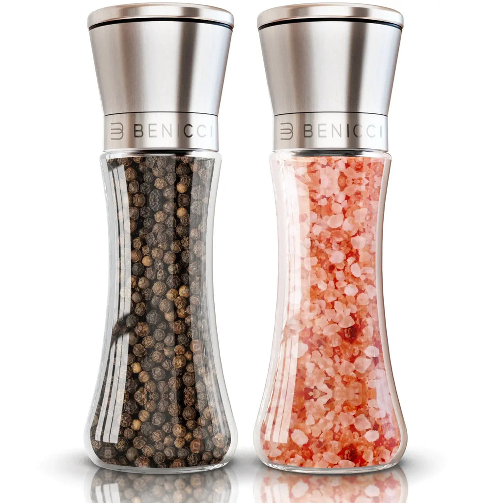 Elegant Stainless Steel Salt and Pepper Mill Set - with Adjustable Ceramic Grinders and Extras