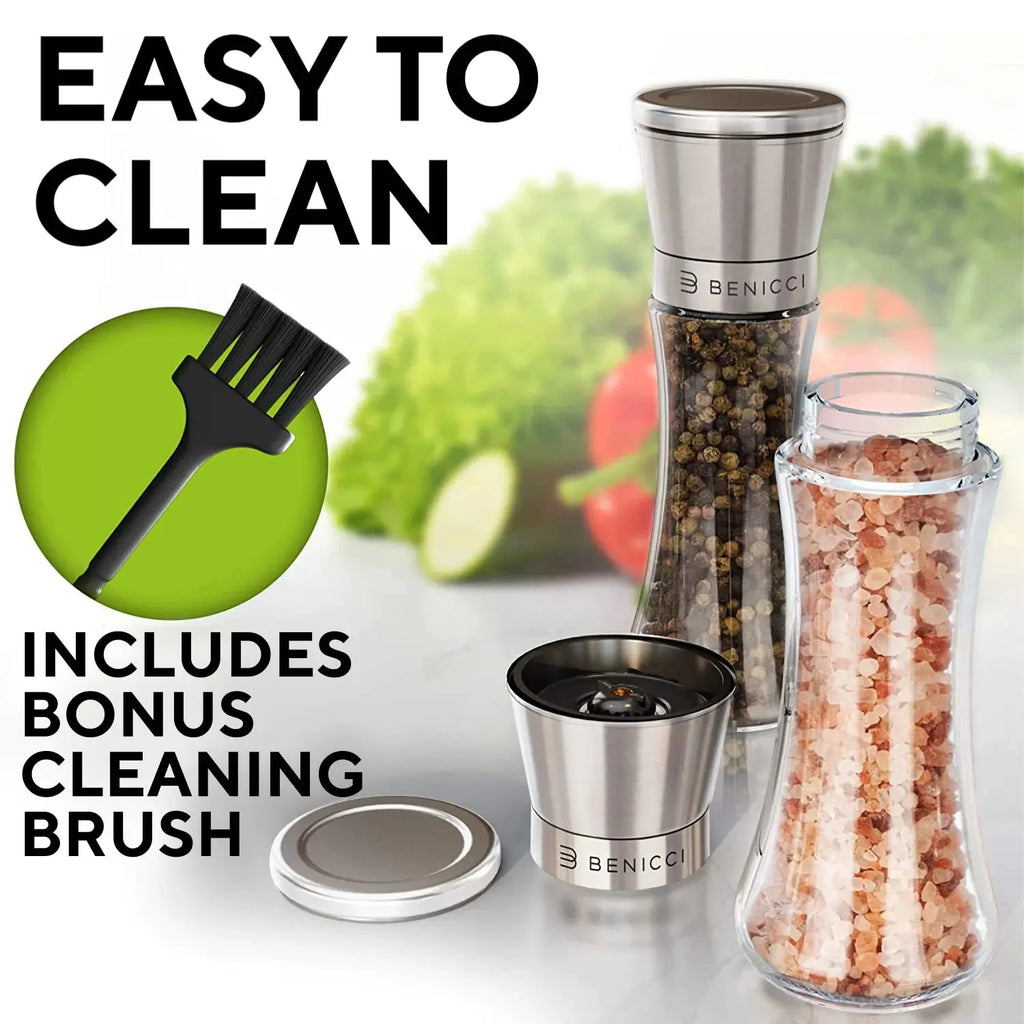 Elegant Stainless Steel Salt and Pepper Mill Set - with Adjustable Ceramic Grinders and Extras