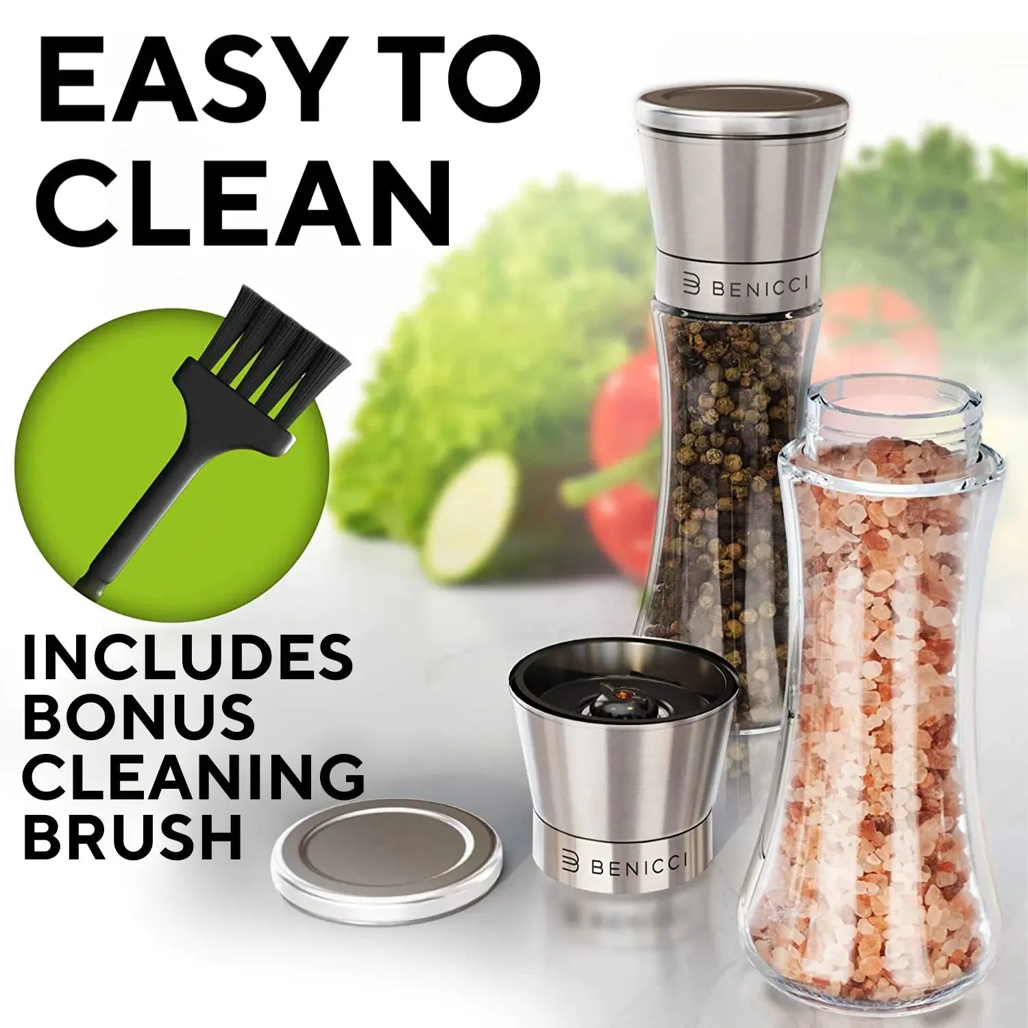 Elegant Stainless Steel Salt and Pepper Mill Set - with Adjustable Ceramic Grinders and Extras