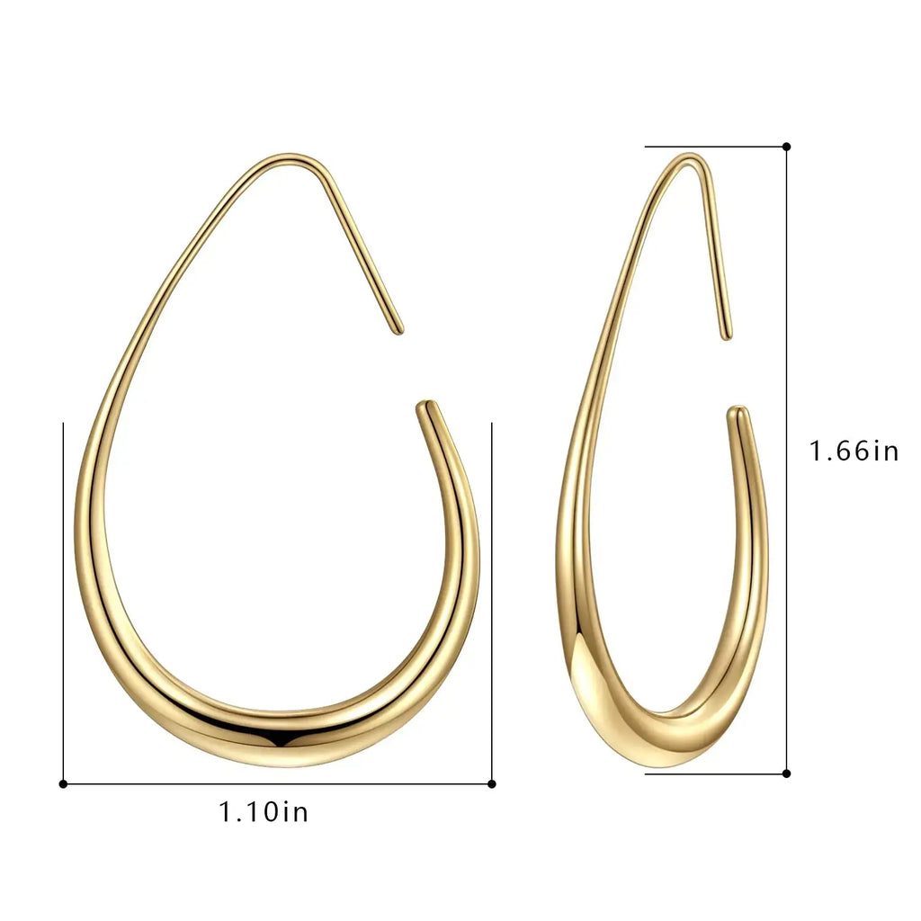 Elegant Teardrop Hoop Earrings – 14k Gold/White Gold Plated, Polished Oval Pull-Through Design