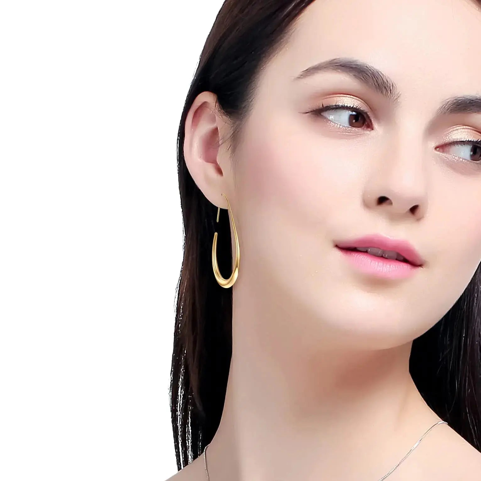 Elegant Teardrop Hoop Earrings – 14k Gold/White Gold Plated, Polished Oval Pull-Through Design
