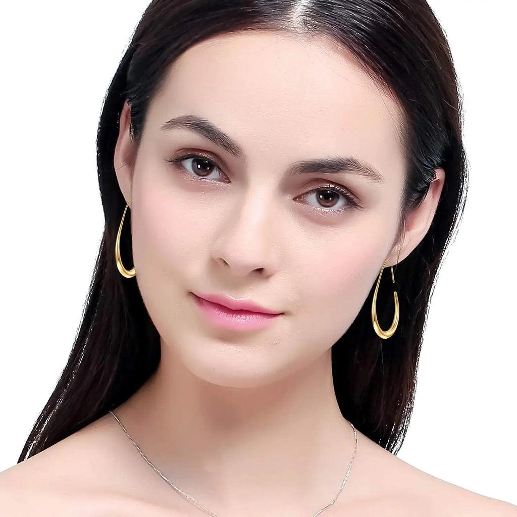 Elegant Teardrop Hoop Earrings – 14k Gold/White Gold Plated, Polished Oval Pull-Through Design
