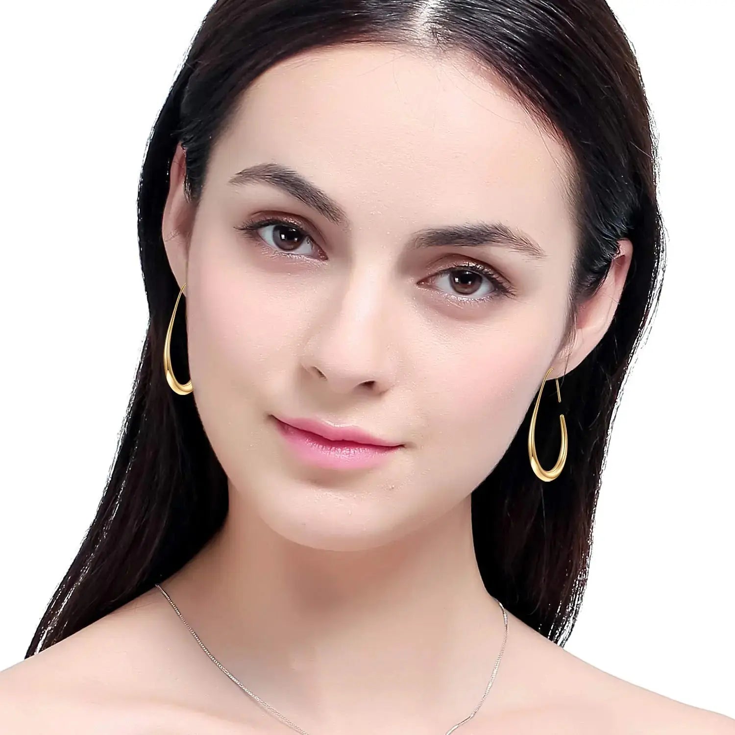Elegant Teardrop Hoop Earrings – 14k Gold/White Gold Plated, Polished Oval Pull-Through Design