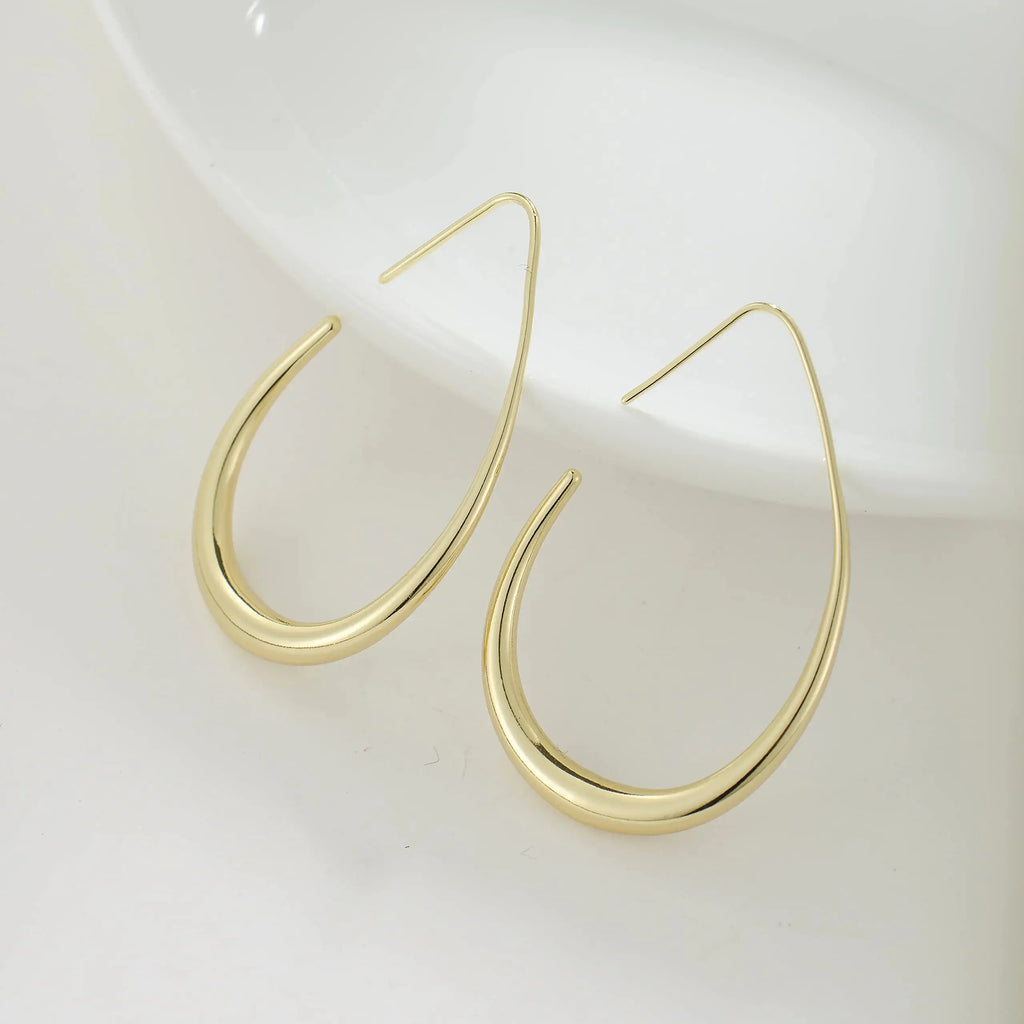Elegant Teardrop Hoop Earrings – 14k Gold/White Gold Plated, Polished Oval Pull-Through Design