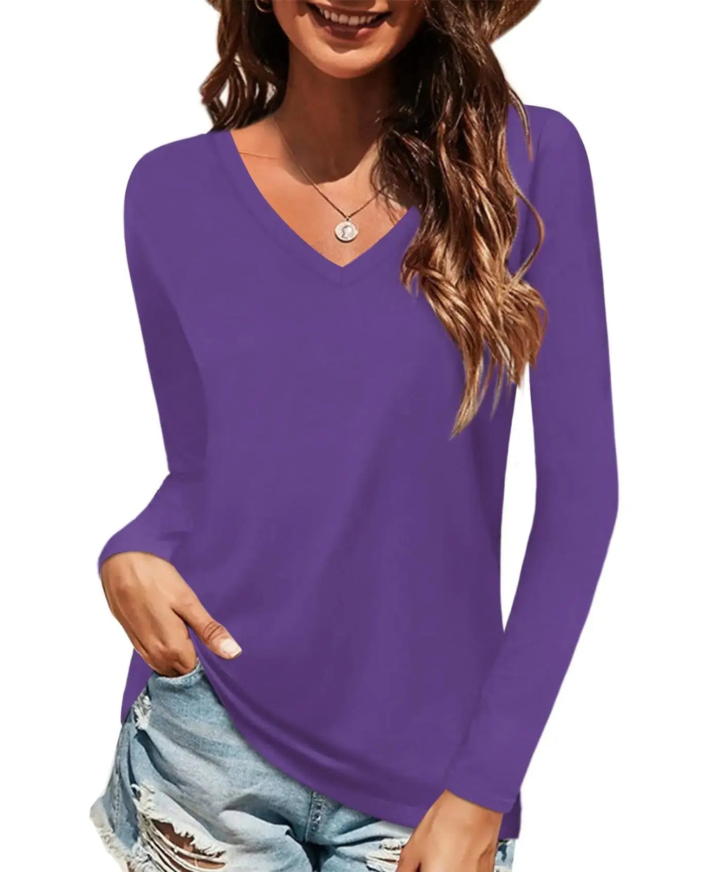 Elesomo Women Shirts V Neck Short/Long Sleeve Cotton Tops T-Shirt Basic Tees Large A:purple