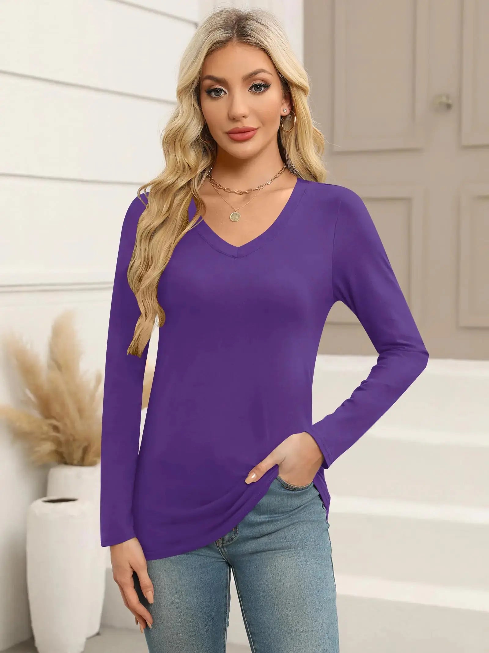 Elesomo Women Shirts V Neck Short/Long Sleeve Cotton Tops T-Shirt Basic Tees Large A:purple